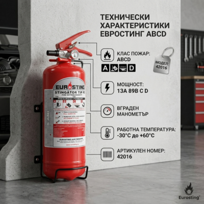 Пожарогасител прахов 2КГ Eurosting ABCD + стойка